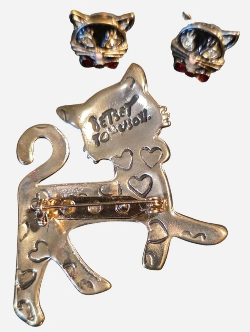 Betsey Johnson Black Enamel Cat Brooch & Stud Earrings w/Red Crystals Bows Heart - Picture 2 of 6
